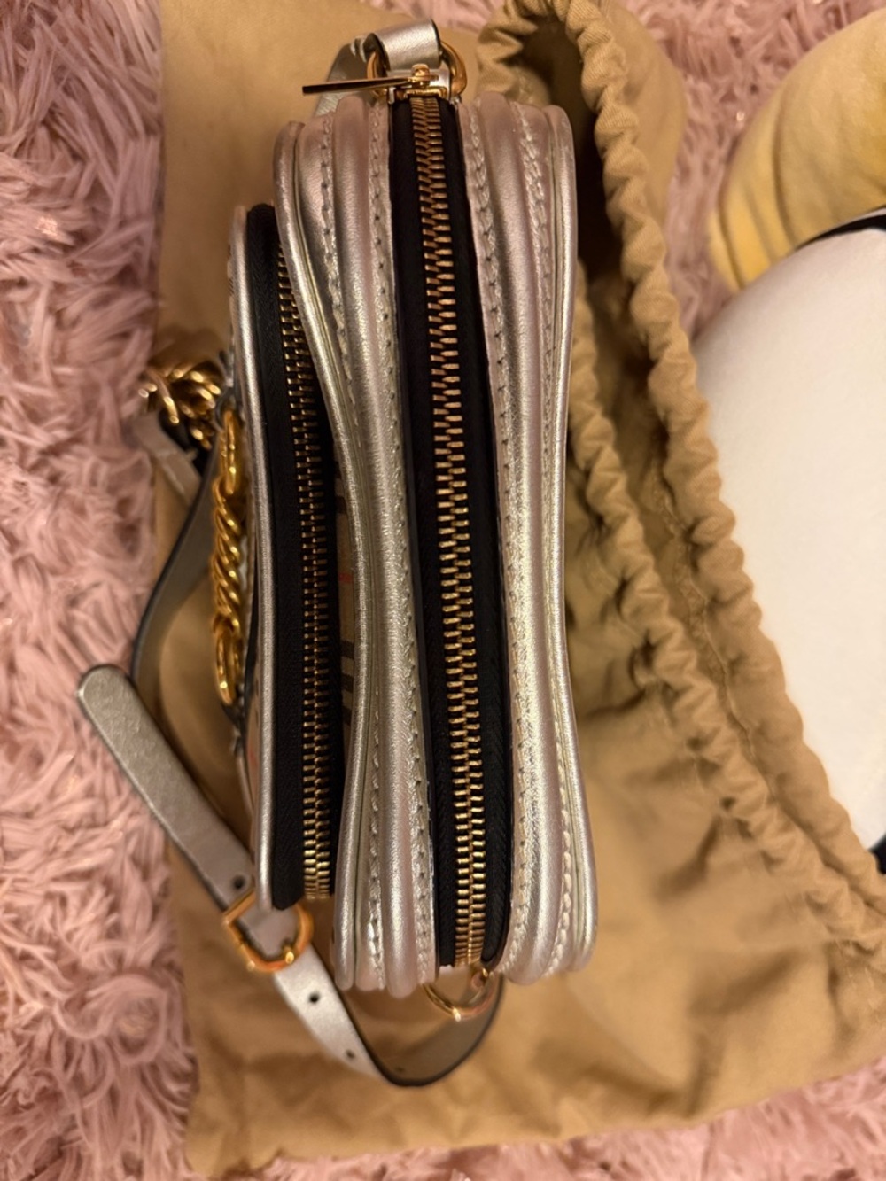 Burberry Beige Check Crossbody with Gold Chain and Silver Trim - Picture 5 of 8